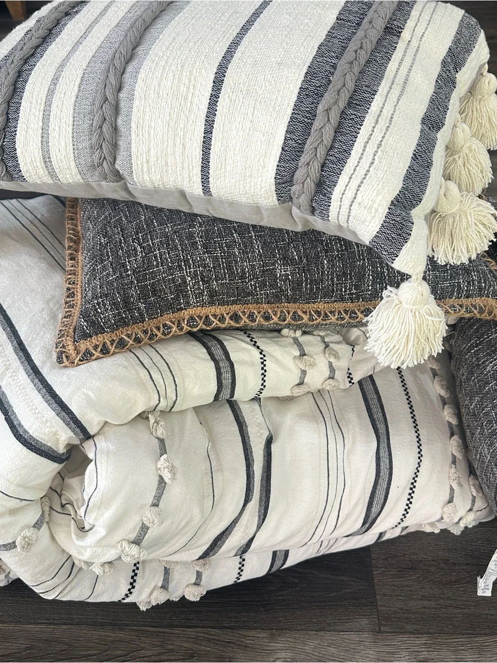 Striped Cream and Gray Boho Bedspread with Tassel Accent